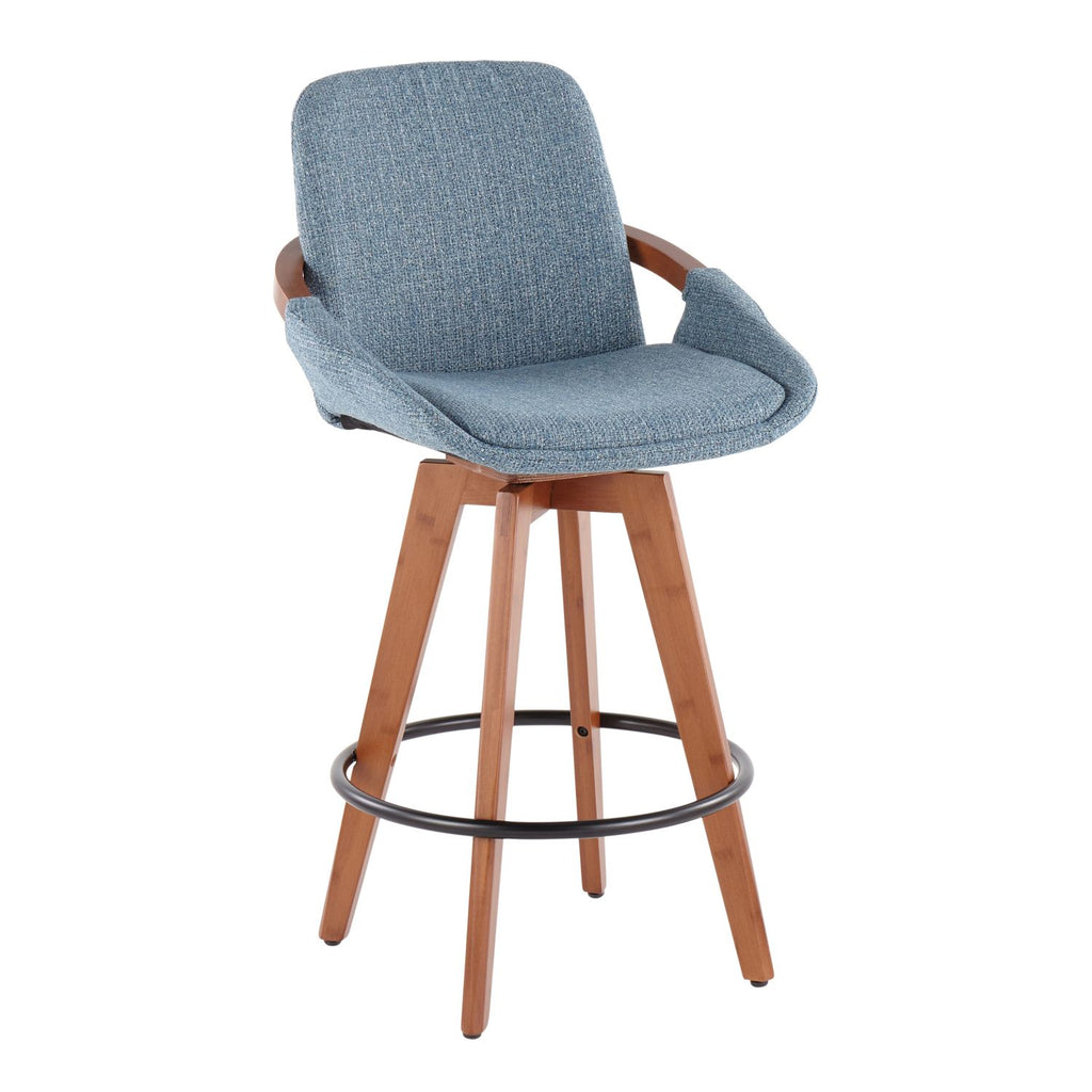 Cosmo Mid-Century Counter Stool in Walnut and Blue Noise Fabric by