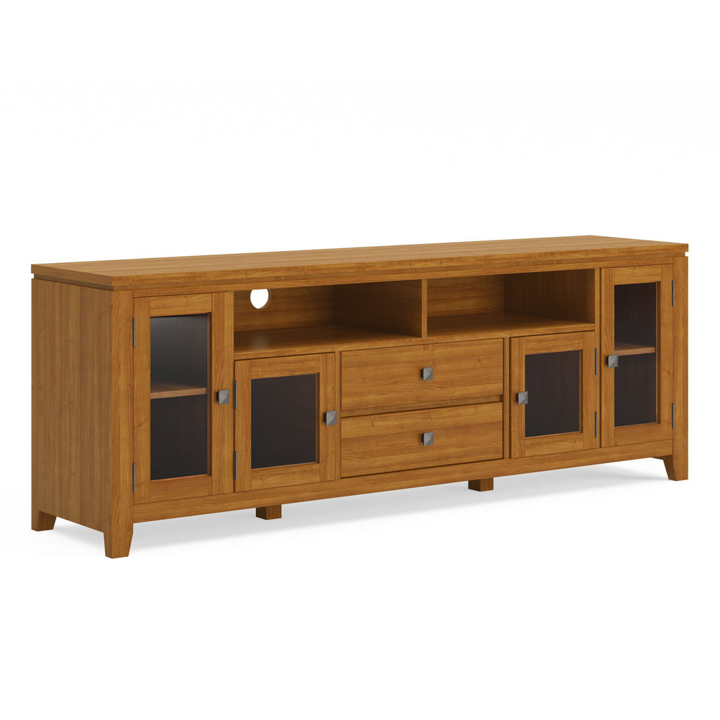 Cosmopolitan 72 inch Wide Solid Wood TV Stand in Light Golden Brown For TVs up to 80 inches