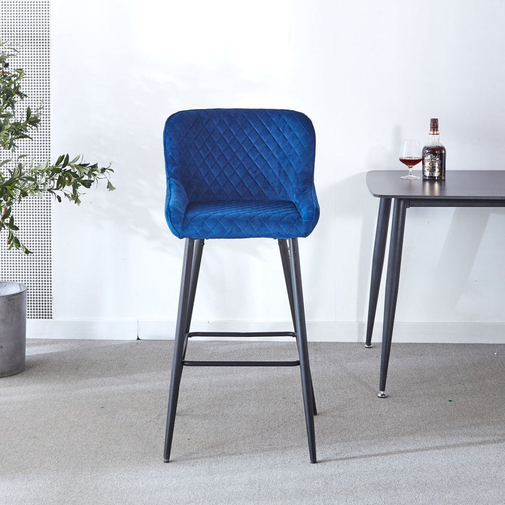 Counter Height Bar Stool, SET OF 2, Black Metal Legs, Velvet Upholstered for Pub, Restaurant, Kitchen Island (Blue)