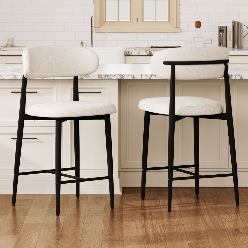 Counter Height Bar Stools Set of 2, Upholstered Counter Stools Modern Barstools with Metal Legs for Kitchen Island Dining Room, Beige