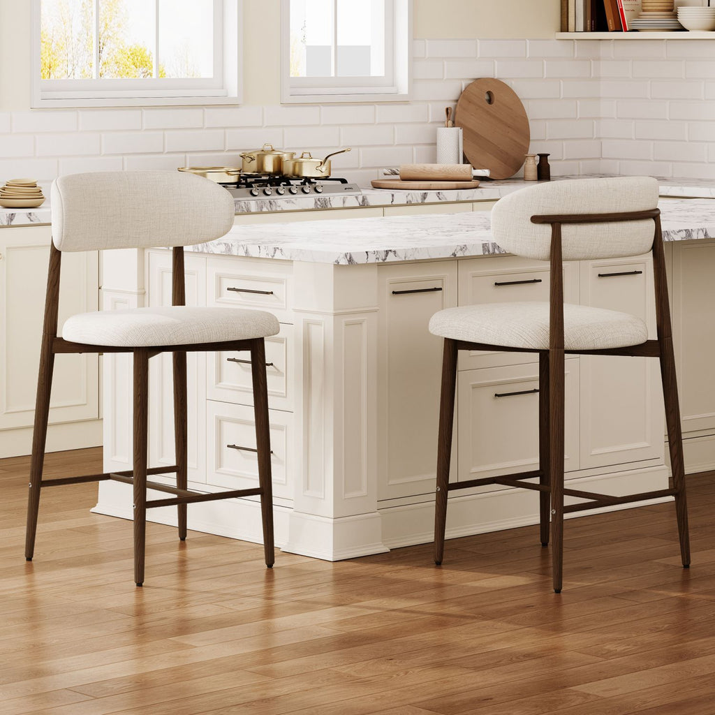 Counter Height Bar Stools Set of 2, Upholstered Counter Stools Modern Barstools with Metal Legs for Kitchen Island Dining Room, Beige