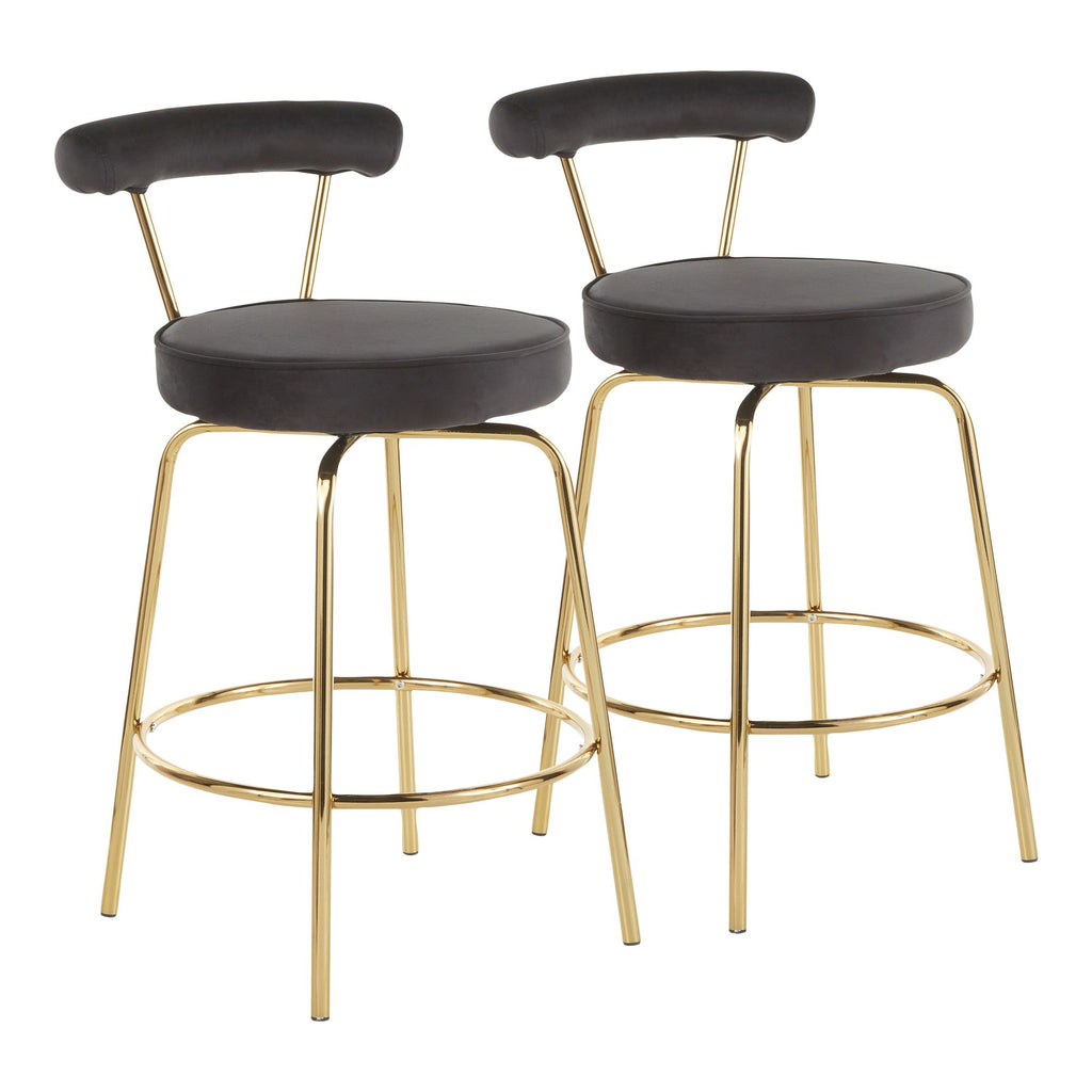 Counter Stool in Gold Metal and Black Velvet - Set of 2
