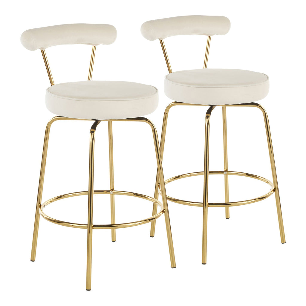 Counter Stool in Gold Metal and Cream Velvet - Set of 2