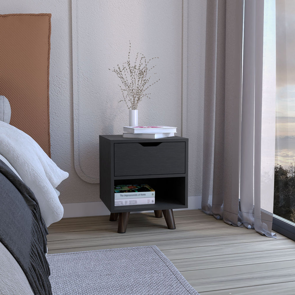 Crail Nightstand with 1 Open Storage Shelf, 1 Drawer and Wooden Legs