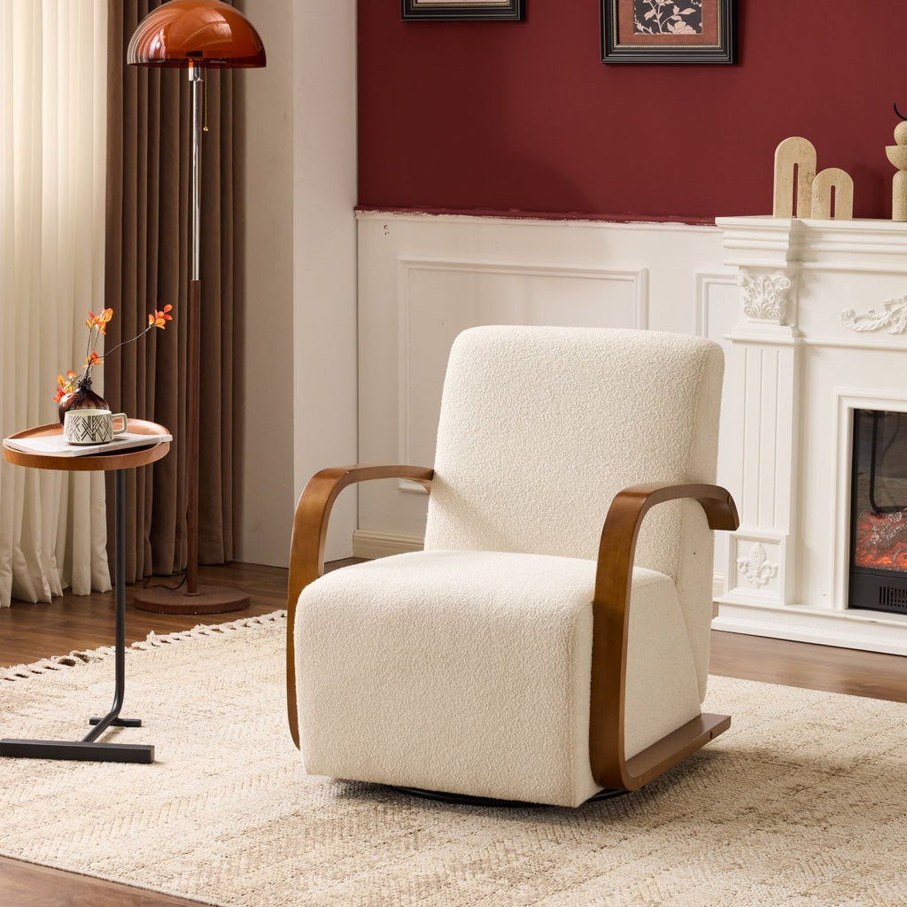 Cream Upholstered 360° Swivel Accent Chair – Solid Wood Curved Arms, Mid-Century Modern Design, Ergonomic Comfort for Living Room, Bedroom Reading Nook Small Single Sofa for Bedroom, Office, Apartment