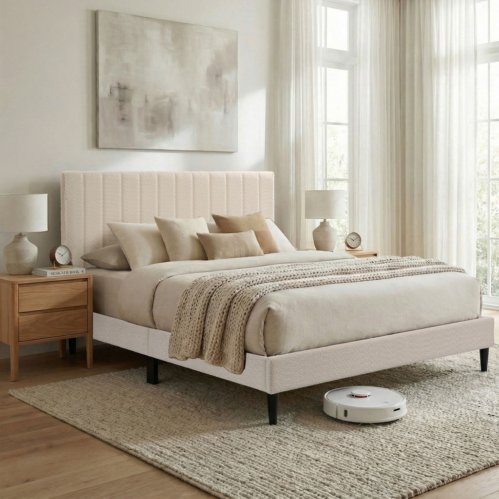 Cream White Upholstered Queen Platform Bed Frame, Tufted Channel Headboard, Mid-Century Bedroom Furniture, No Box Spring Required, Bed Frame Wood Slats, Modern Soft Boucle, 64.25" x 84.5Cream