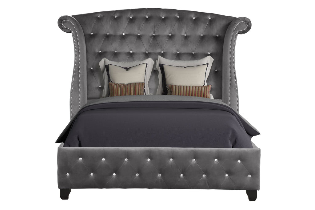 Crystal Tufted Full Bed Made With Wood In Color Gray