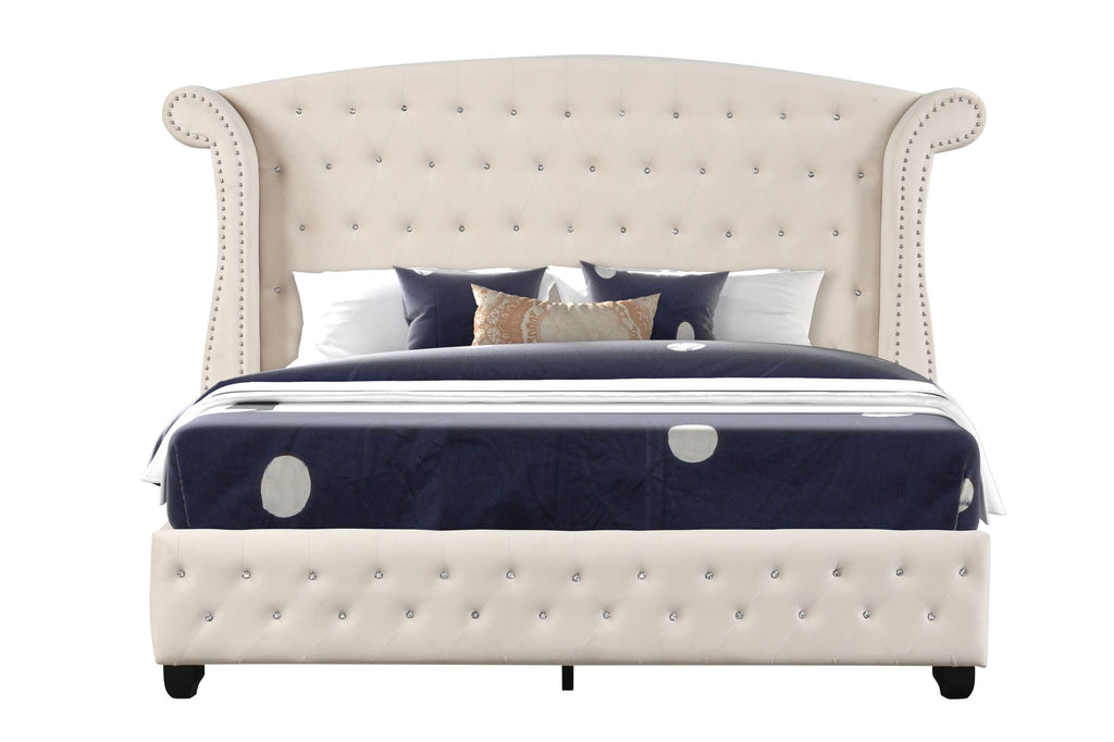 Crystal Tufted Queen Bed Made with Wood in Cream