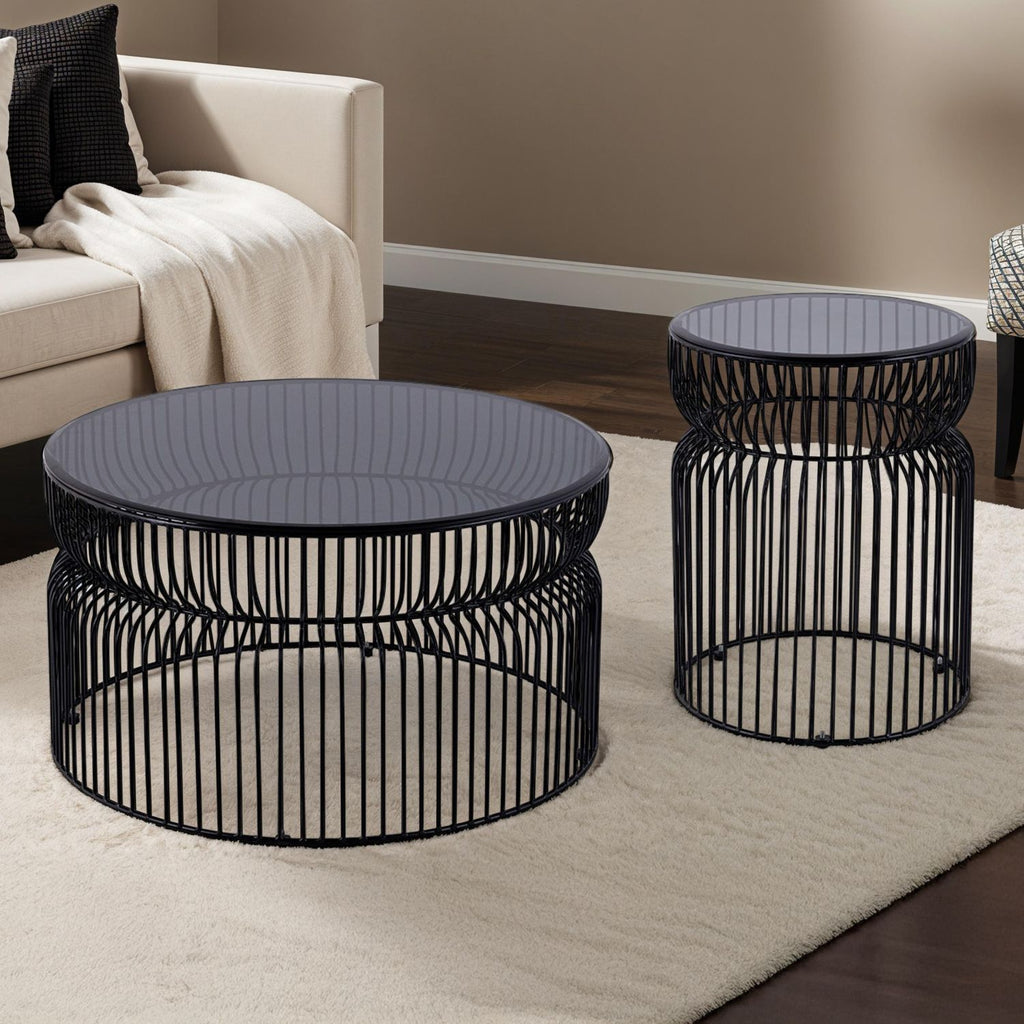 CT901 & ET901 Set Modern Contemporary Metal Nested base and Tinted tempered glass top material 30" Round Coffee Table, 21"Height End Table, Side Table for Living room, Black