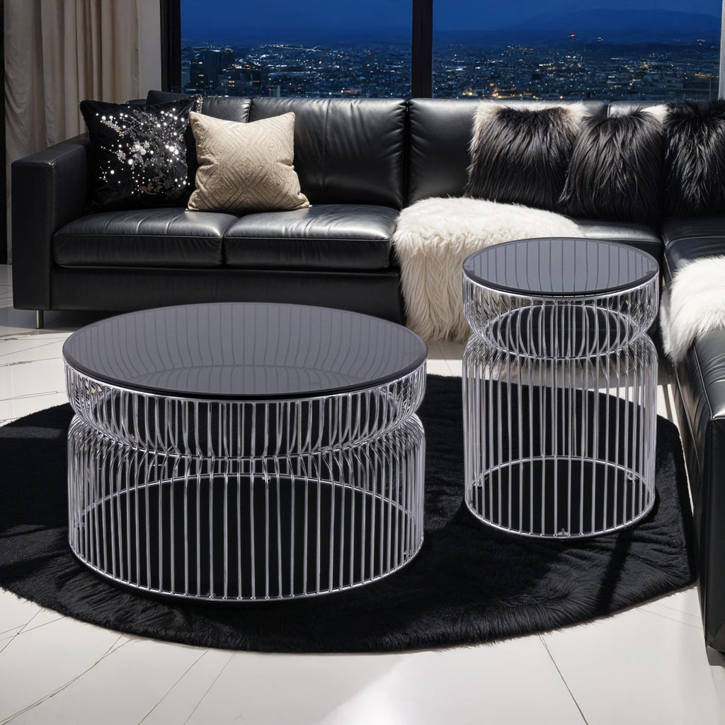 CT901 & ET901 Set Modern Contemporary Metal Nested base and Tinted tempered glass top material 30" Round Coffee Table, 21"Height End Table, Side Table for Living room, Chrome