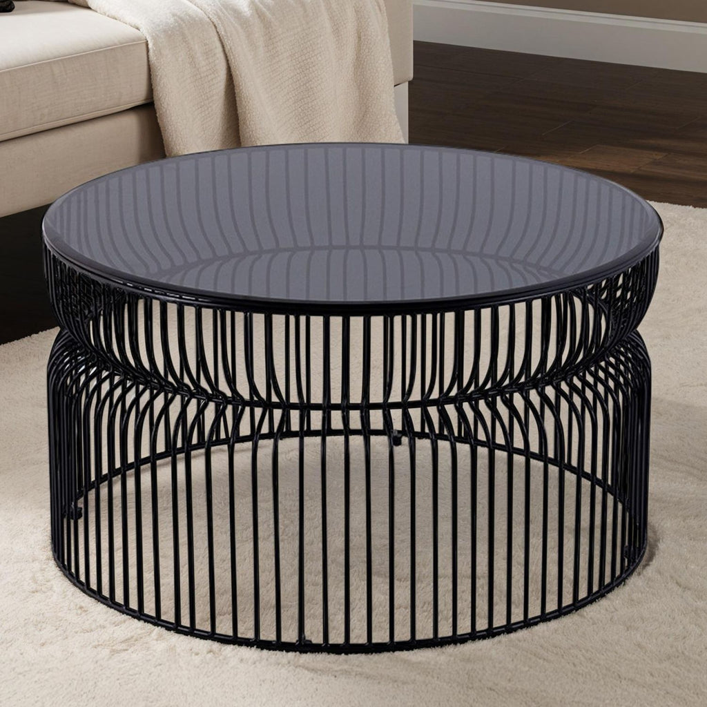 CT901 Modern Contemporary Metal Nested base and Tinted tempered glass top material 30" Coffee Table, Round Table for Living room, Black