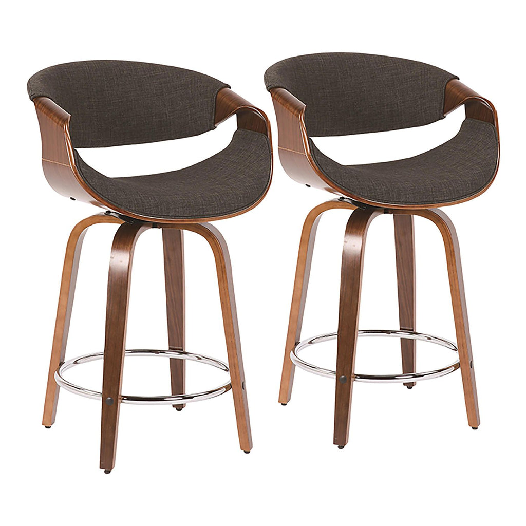 Curvini Mid-Century Modern Counter Stool in Walnut Wood and Charcoal Fabric by - Set of 2