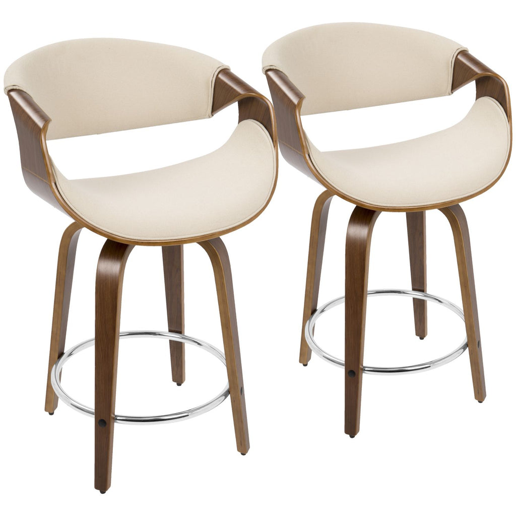 Curvini Mid-Century Modern Counter Stool in Walnut Wood and Cream Fabric by - Set of 2
