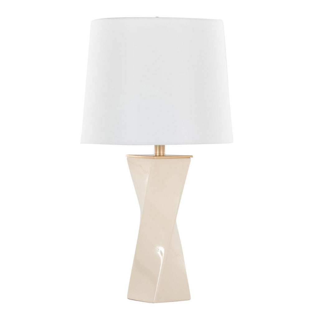 Curvo Square Contemporary 27" Ceramic Table Lamp in Cream Ceramic, Gold Metal, and White Linen by
