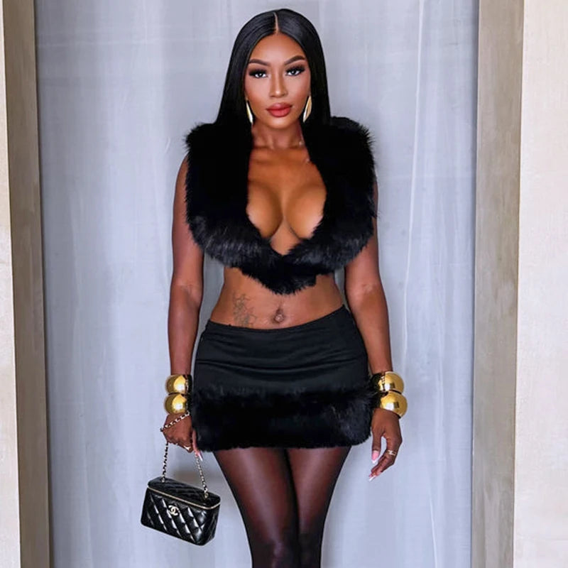 Women’s Sexy Fur Patchwork Deep V Tie Backless Crop Top and Mini Fur Wrap Hip Skirt Set for Evening Clubwear