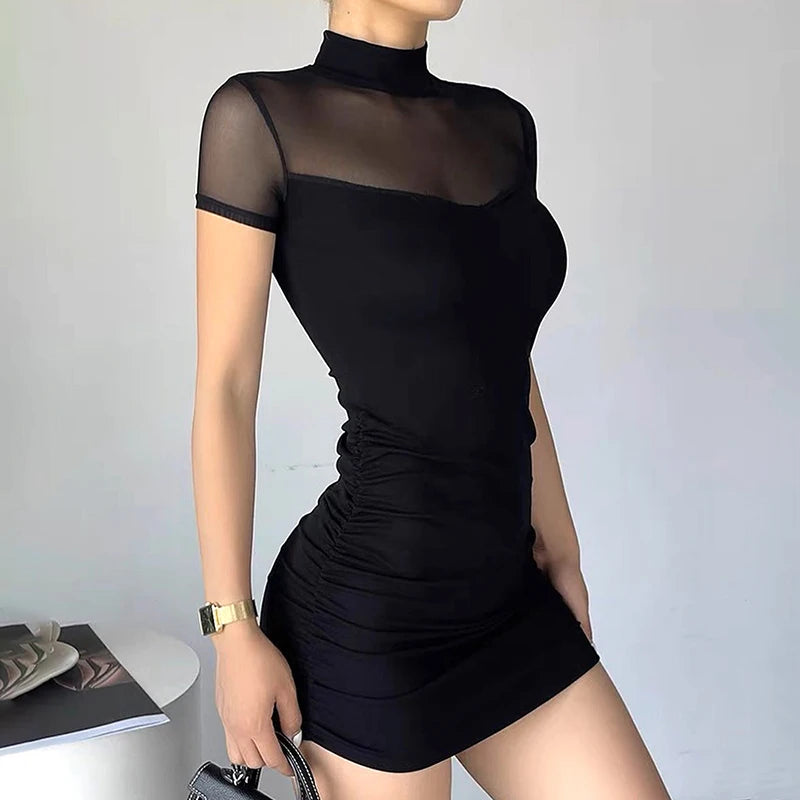 Gothic Dark Mock Neck Y2K Bodycon Mini Dress with Mesh Patchwork and Sheer Details for Women