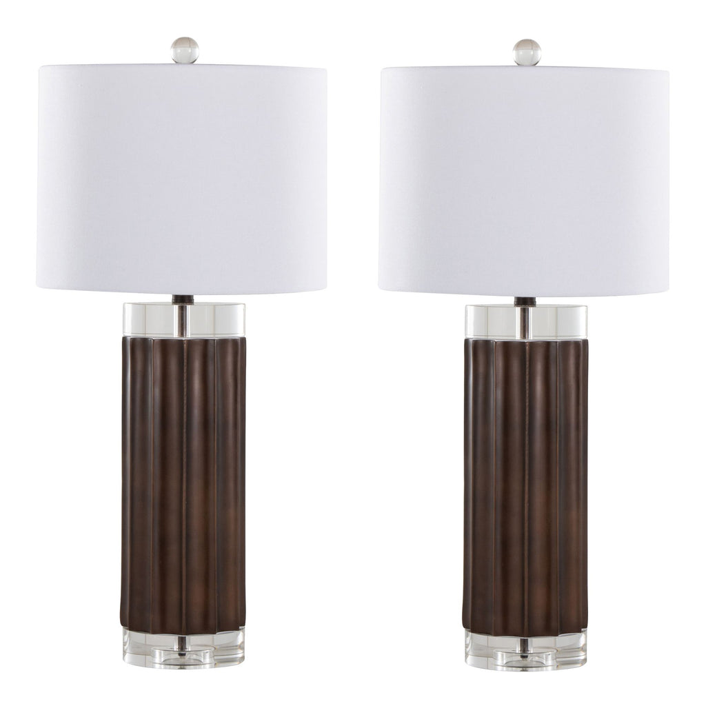 Cylinder Fluted 29.25" Contemporary Polyresin Table Lamp in Brown Lustre Polyresin, Clear K9 Crystal and White Linen Shade from Grandview Gallery - Set of 2