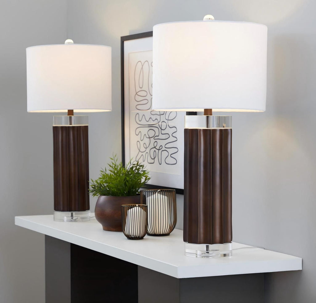 Cylinder Fluted 29.25" Contemporary Polyresin Table Lamp in Brown Lustre Polyresin, Clear K9 Crystal and White Linen Shade from Grandview Gallery - Set of 2