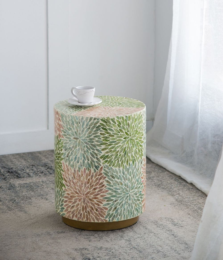 D14x18" Cylindrical Garden Capiz Stool, Accent Side Table, Green/Pink