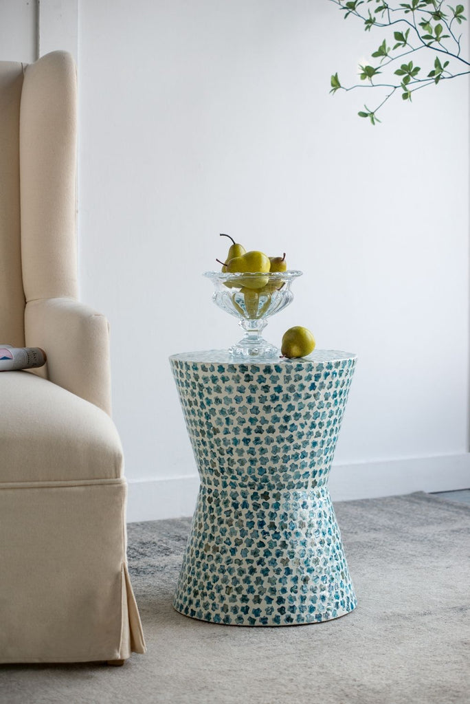 D14x20" Tapered Round Garden Accent Stool, Capiz Side Table, Blue