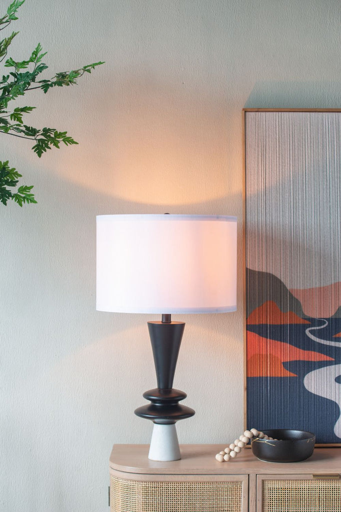 D15x26.7" Black Aluminum Table Lamp with Two Varying Disc Accents and White Shade(Lamp Shade Assembly Required)