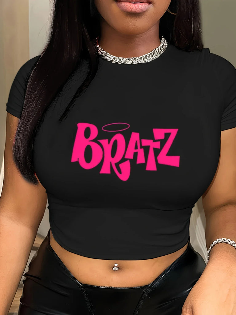 Women’s Stylish Pink Y2K Cut T-Shirt with Bratz Letter Print O-Neck Short Sleeve Slim Fit Top