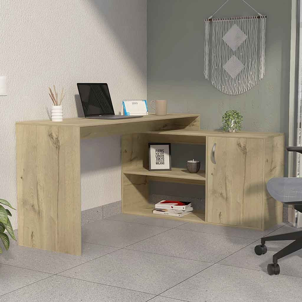 Dallas L-Shaped Home Office Desk, Two Shelves, Single Door Cabinet