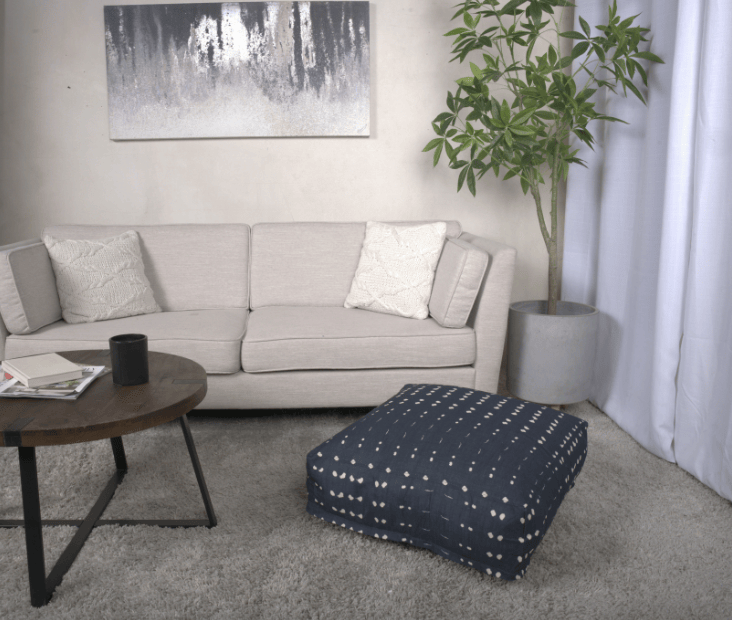 Dalm Fabric Square Pouf, Dark Blue and White