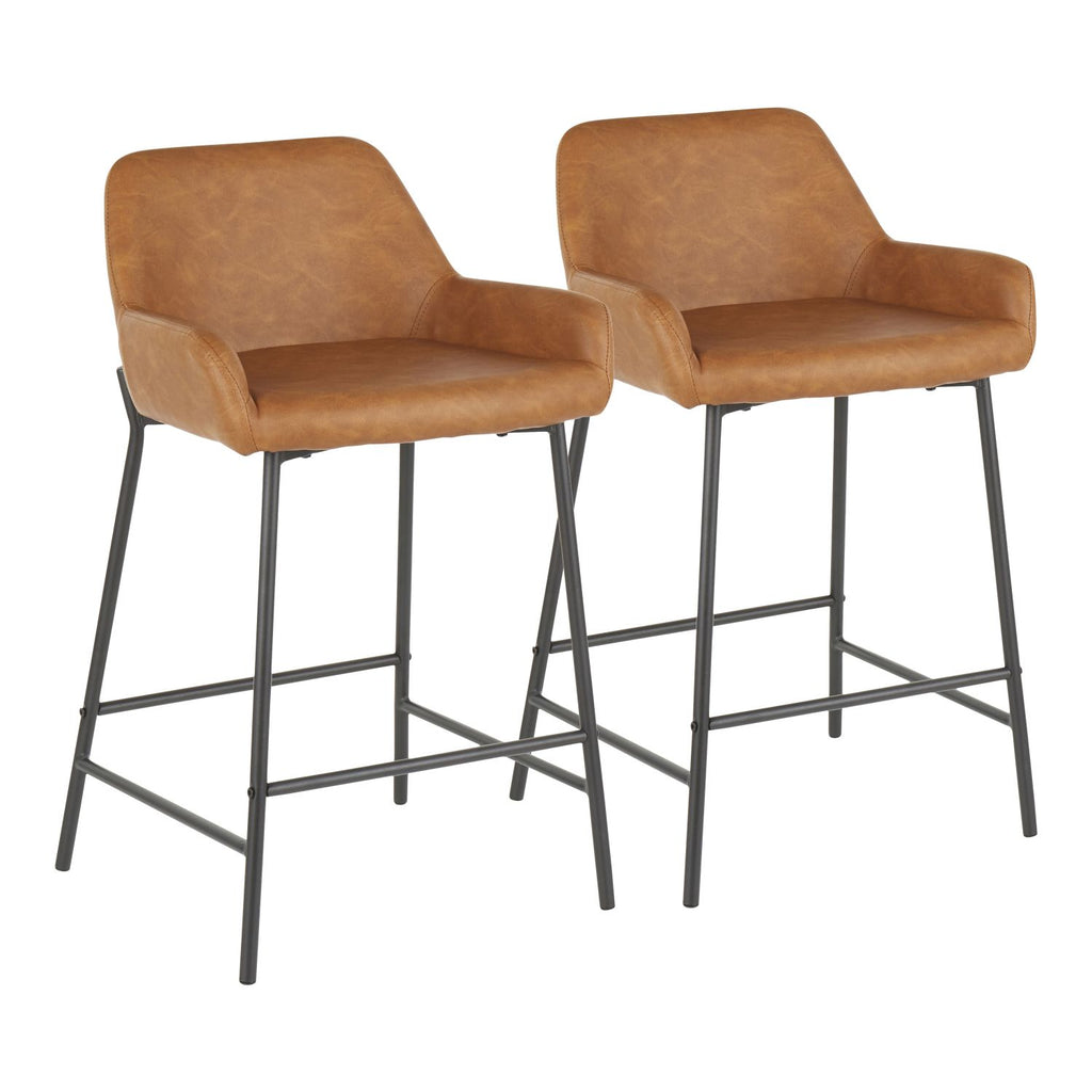 Daniella Industrial Counter Stool in Black Metal and Camel Faux Leather by - Set of 2