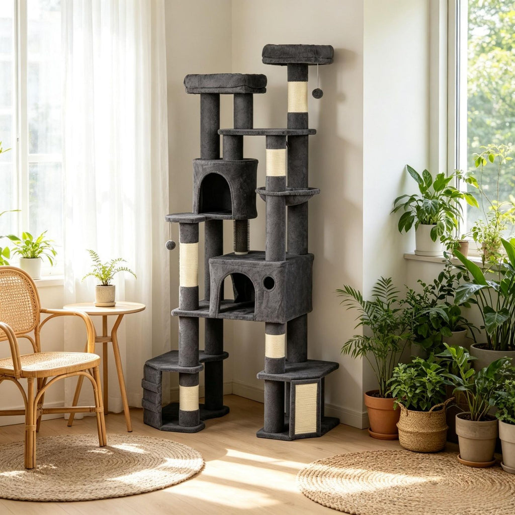 Dark Gray 79 Inch Tall Cat Tower, Reinforced Dual Baseboard for Big Adult Cats