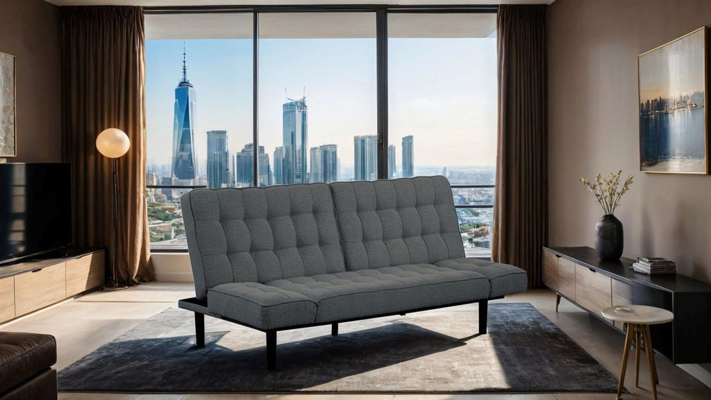 Dark Gray Futon Sofa Biscuit Tufting Seat Back 1pc Sofa Adjustable Arm Rests Converts to Bed Couch