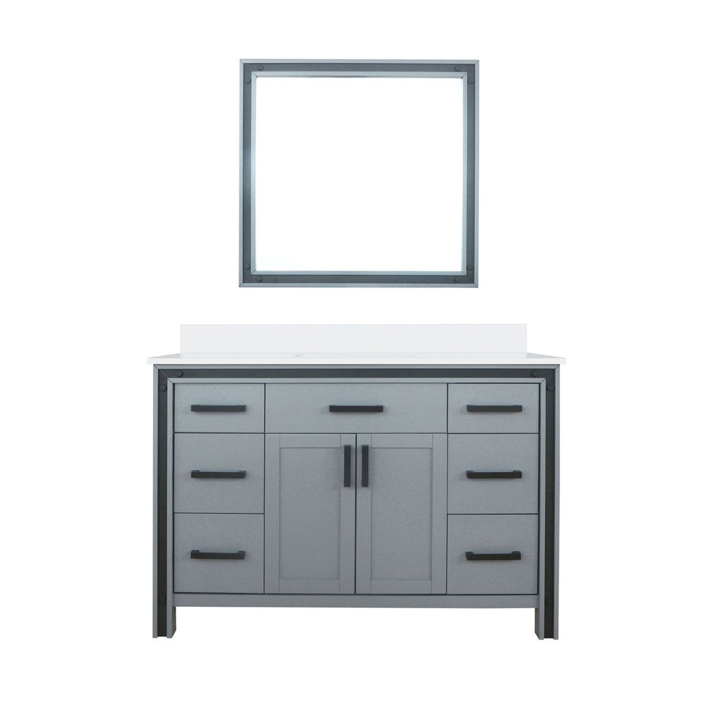 Dark Grey Bath Vanity 48 in. W x 22 in. D, White Quartz Top and 34 in. Mirror