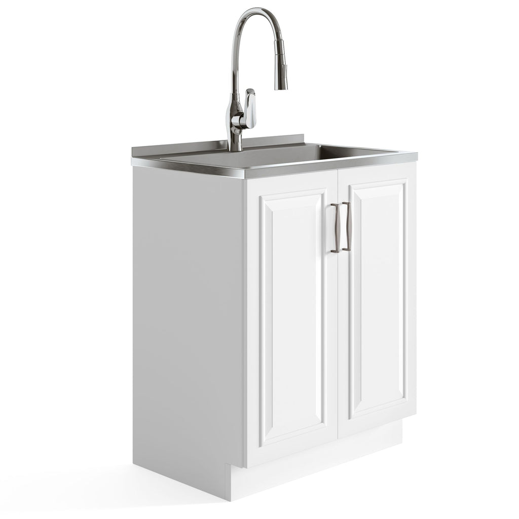 Darwin - Deluxe 28" Laundry Cabinet with Pull-out Faucet and Stainless Steel Sink - Pure White