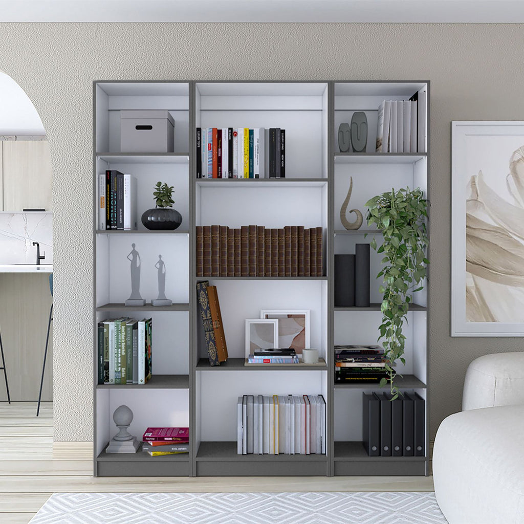 Davie 3 Piece Home Bookcase set, 60" Wide with 14 Shelves , Living Room Set Set Matt Gray - White