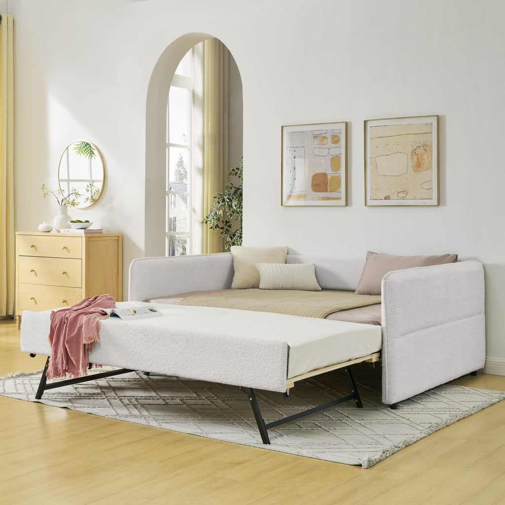 Daybed with Trundle Upholstered Tufted Sofa Bed, Full Size, Boucle Fabric, Beige(83"x58.5"x29.5")
