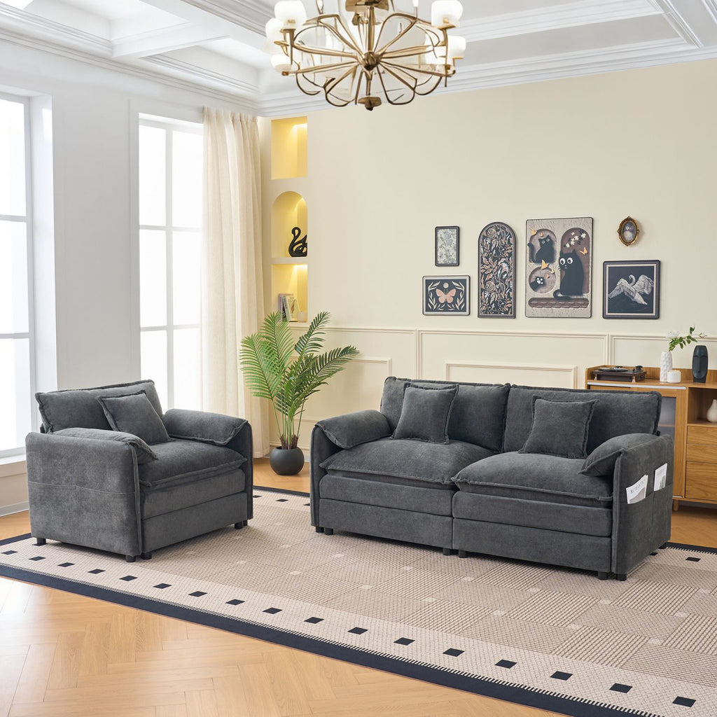 Deep Seat Luxury 2 Piece Loveseat Couch & Sofa Armchair Set, Modern Upholstered Chenille Cloud Couches Set Furniture with 3 Pillow for Living Room Bedroom Office Apartment,DIY Combination,Grey