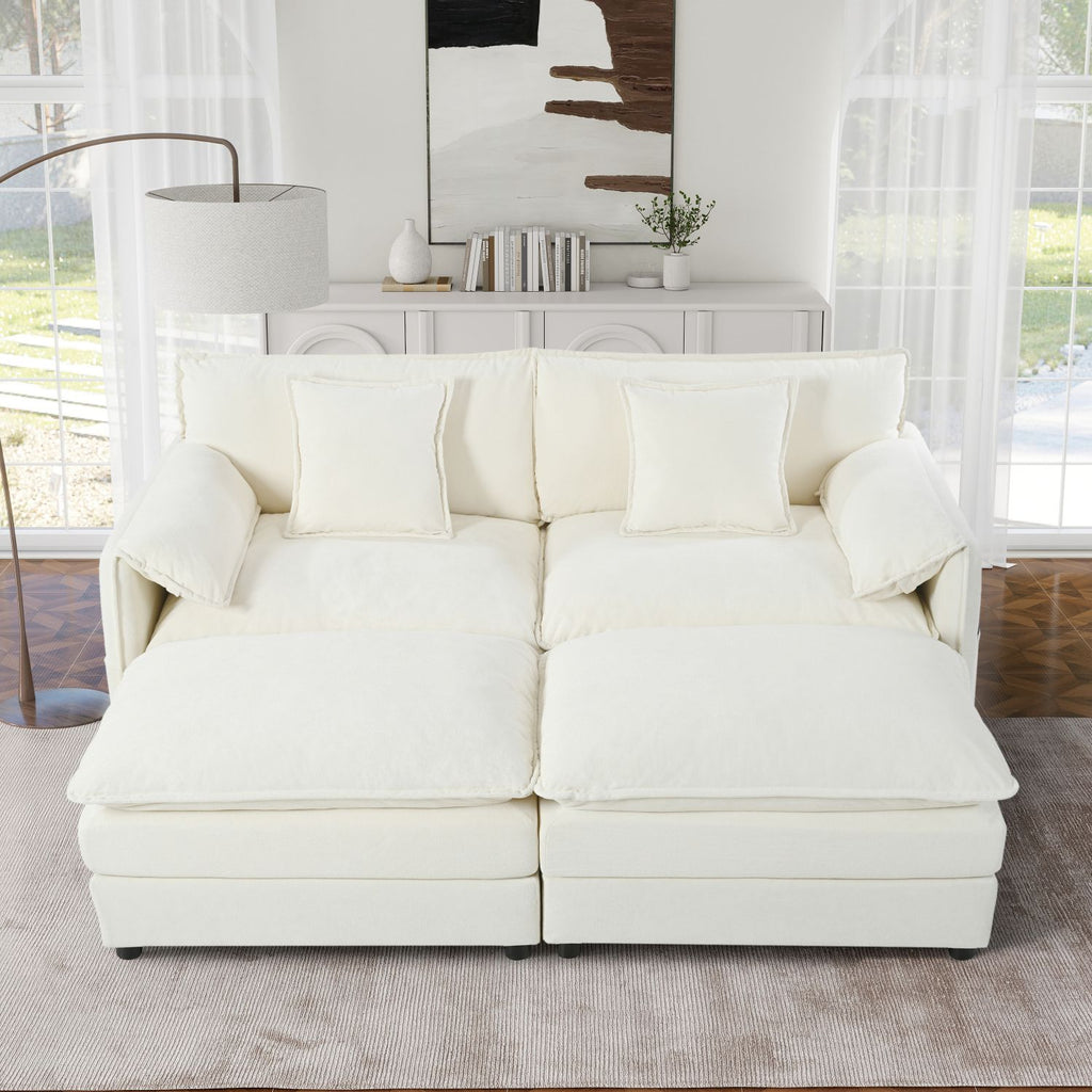 Deep Seat Sectional Cloud Sofa with 2 Ottomans & Soft Pillows, Loveseat Modular Couch for Living Room, Apartment,DIY Combination,White