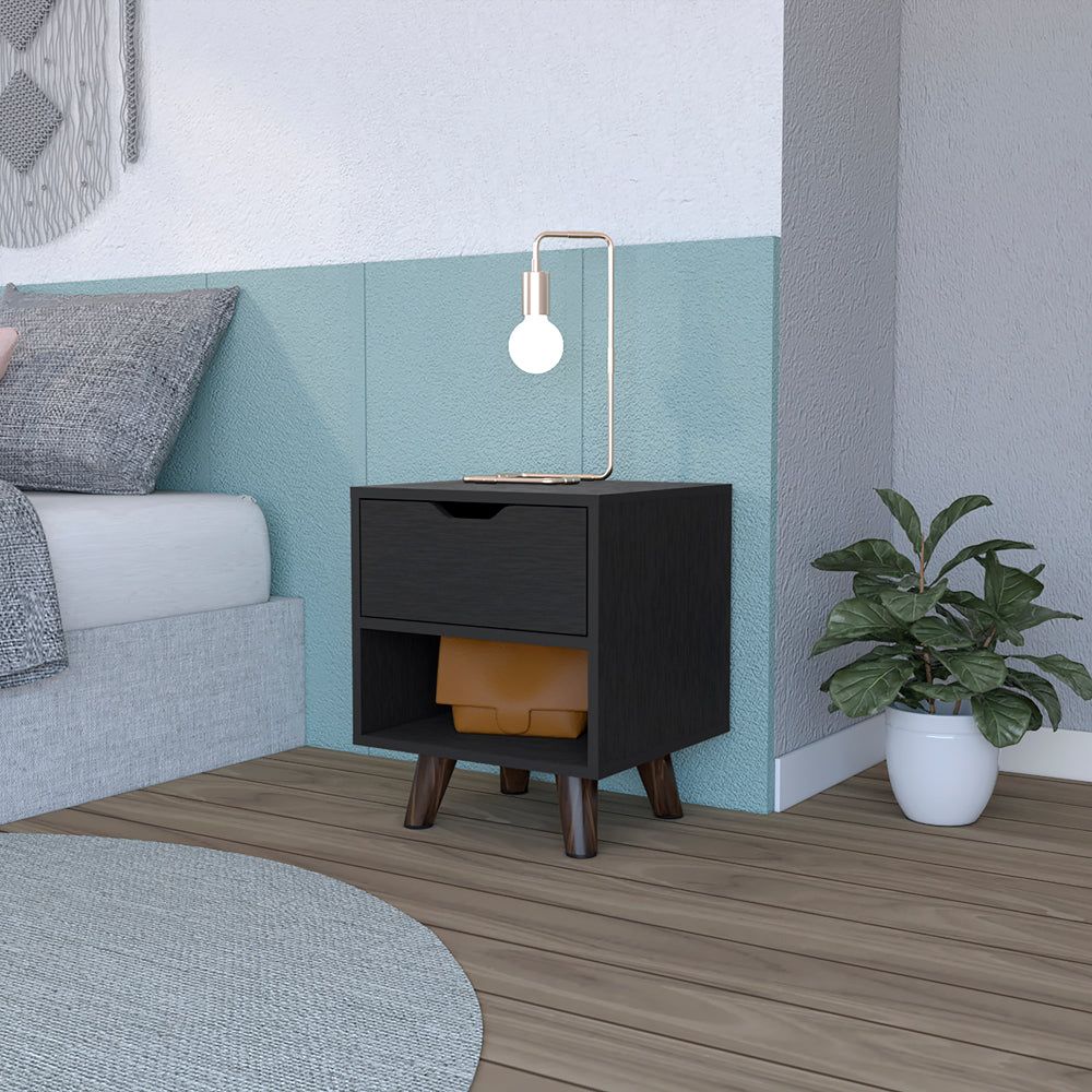 DEPOT E-SHOP Cliff Modern Nightstand with Spacious Drawer, Open Storage Shelf and Chic Wooden Legs, Black