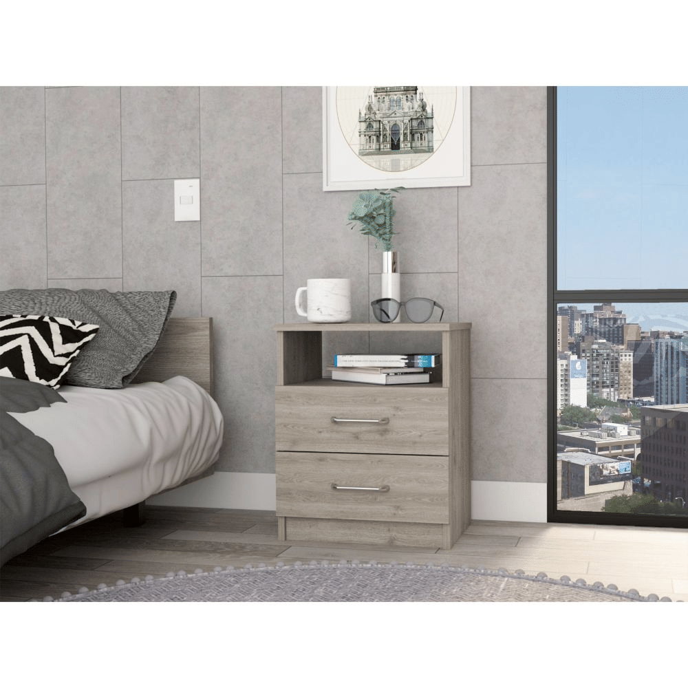 DEPOT E-SHOP Salento Nightstand, Two Drawers, One Shelf, Superior Top, Light Gray
