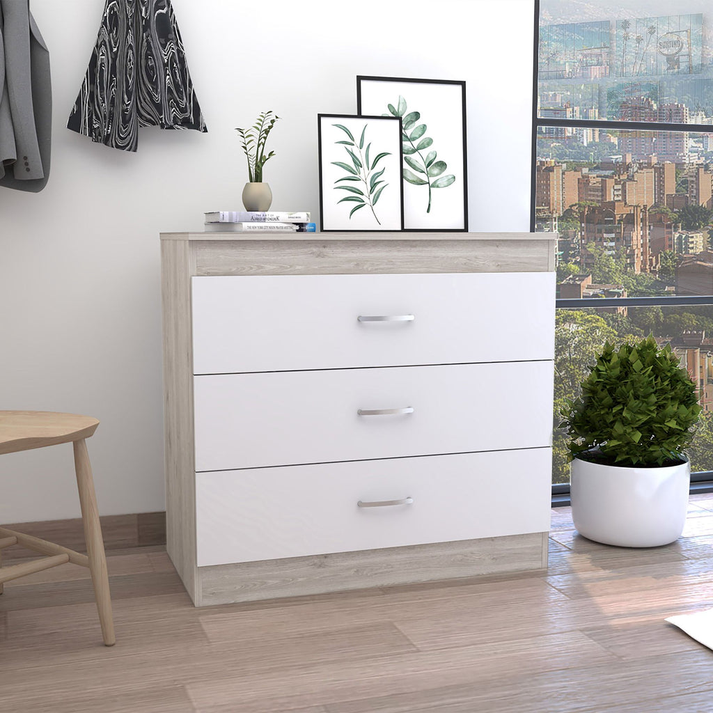DEPOT E-SHOP Zurich Three Drawers Dresser, Metal Hardware, Superior Top, Light Gray / White