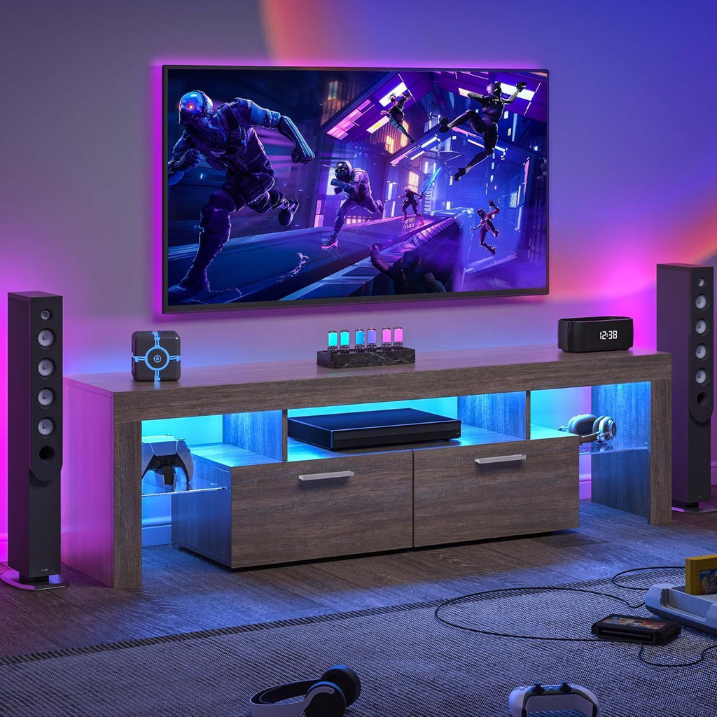 DFW Modern LED TV Stand with Large Storage Drawer for 40 50 55 60 65 70 75 Inch TVs, Brown Wood Farmhouse TV Console with Glossy Entertainment Center for Living Room, Bedroom
