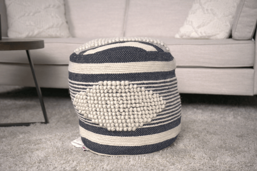 Diamond Handcrafted Fabric Cylindrical Pouf, Beige and Dark Grey