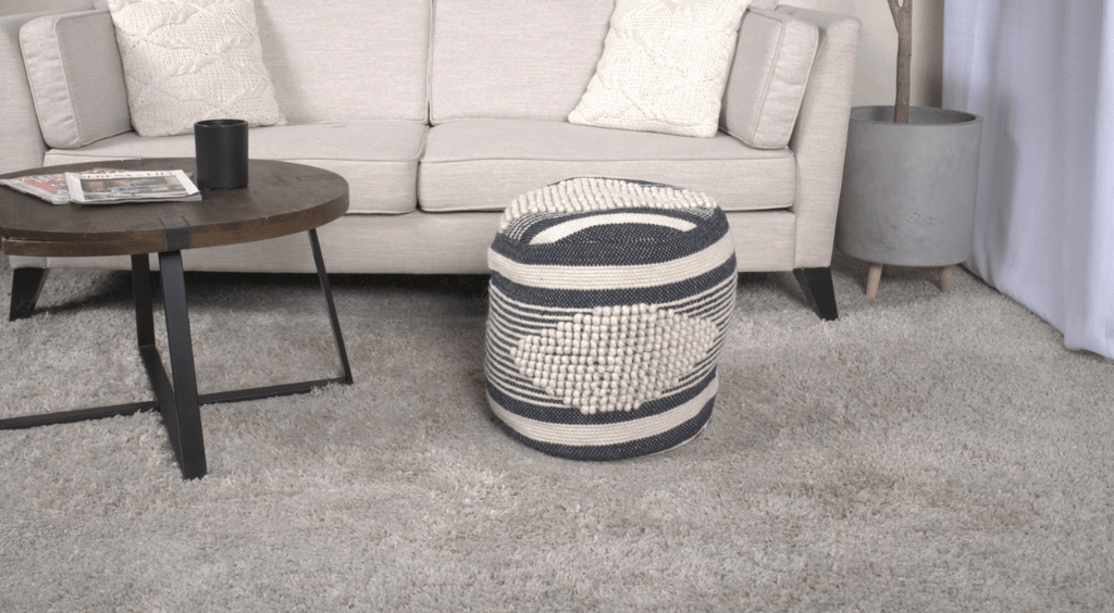 Diamond Handcrafted Fabric Cylindrical Pouf, White and Dark Blue
