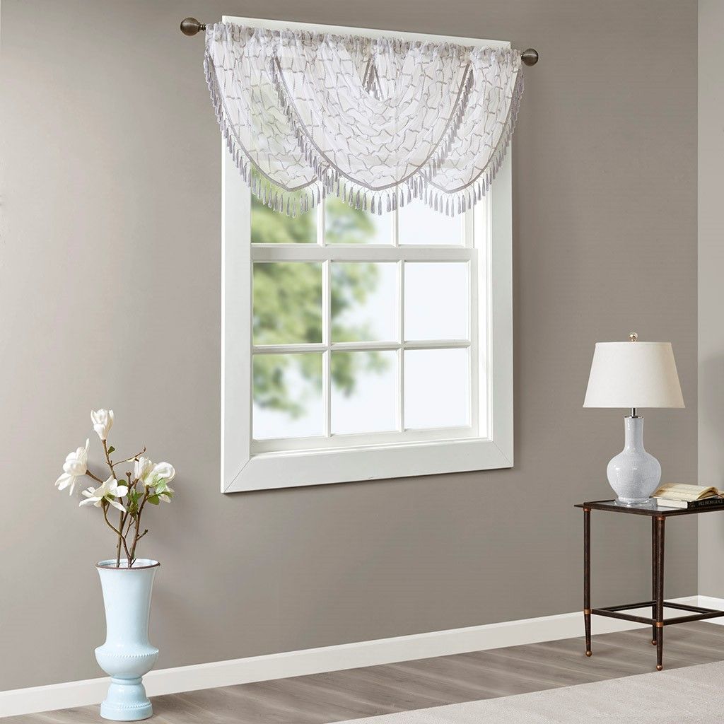 Diamond Sheer Embroidered Waterfall Valance White/Grey 38x46"