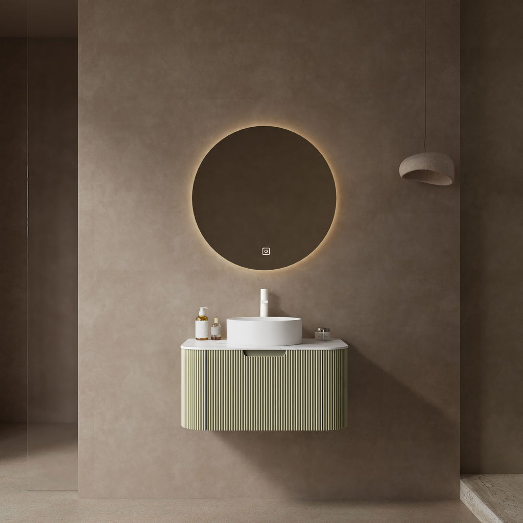 DINA 30" Bathroom Vanity with Sink, Modern Wall-Mounted Floating Curved Edges Striped Bathroom Storage Cabinet with a Drawer, White Round Ceramic Basin without Faucet, Pre-assembled, Light Green Color