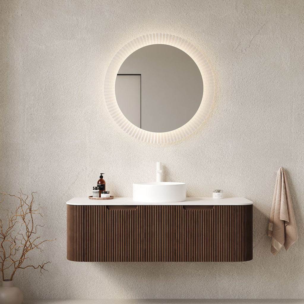 DINA 48" Bathroom Vanity with Sink, Wall-Mounted Floating Curved Edges Striped Bathroom Storage Cabinet with 2 Drawers, White Round Ceramic Basin, NO Faucet, Pre-assembled, Dark Walnut Woodgrain Color