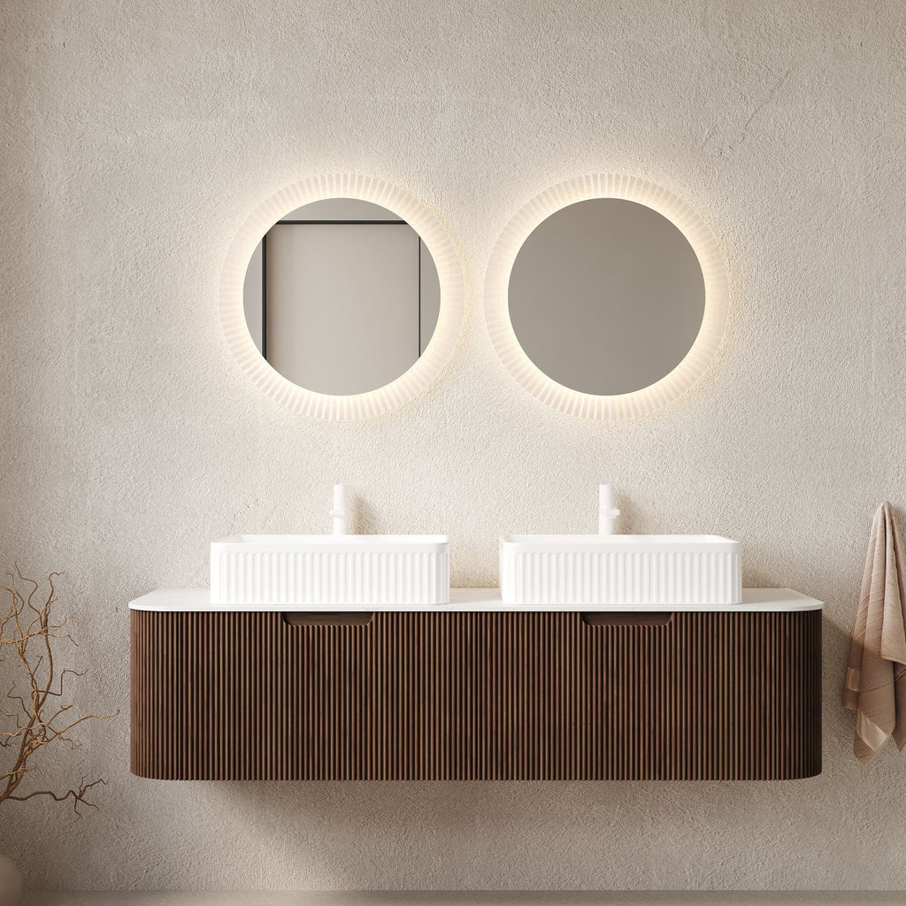 DINA 60" Bathroom Vanity with Sink, Wall-Mounted Curved Edges Striped Bathroom Storage Cabinet with 2 Drawers, 2 White Rectangular Ceramic Basins, No Faucet, Pre-assembled, Dark Walnut Woodgrain Color