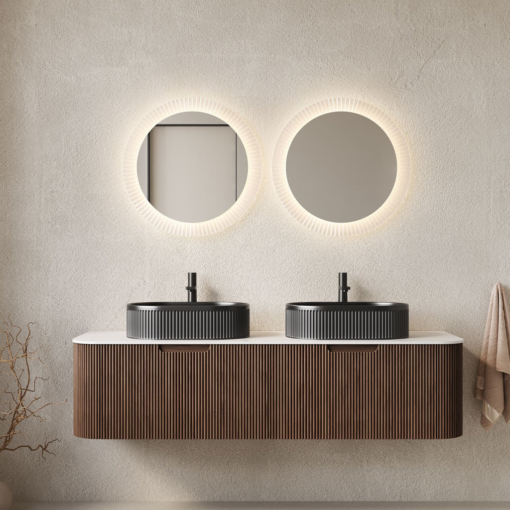 DINA 60" Bathroom Vanity with Sinks, Modern Wall-Mounted Curved Edges Striped Bathroom Storage Cabinet with Drawers, 2 Black Ceramic Vessel Basins, Pre-assembled, Dark Walnut Woodgrain Color