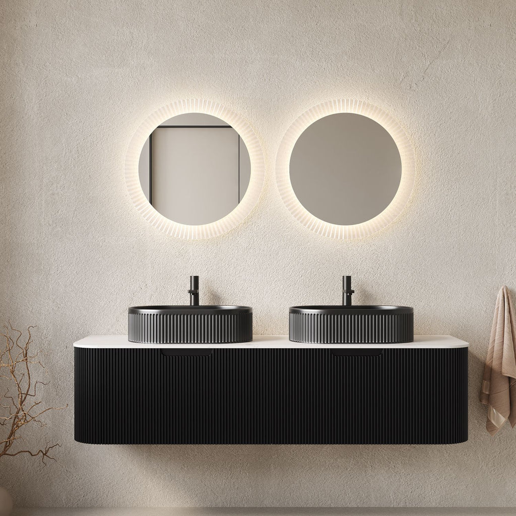 DINA 60" Bathroom Vanity with Sinks, Modern Wall-Mounted Floating Curved Edges Striped Bathroom Storage Cabinet with 2 Drawers, 2 Black Ceramic Vessel Basin without Faucet, Pre-assembled, Black Color