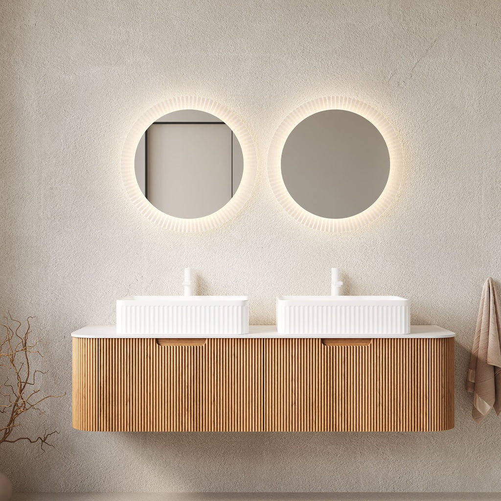 DINA 60" Bathroom Vanity with Sinks, Wall-Mounted Curved Edges Striped Bathroom Storage Cabinet with 2 Drawers, 2 White Rectangular Ceramic Basins, No Faucet, Pre-assembled, Natural Woodgrain Color